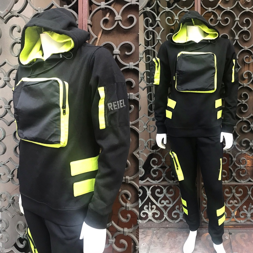 Men’s Fashion Black Lime Green Hooded Fleece Set